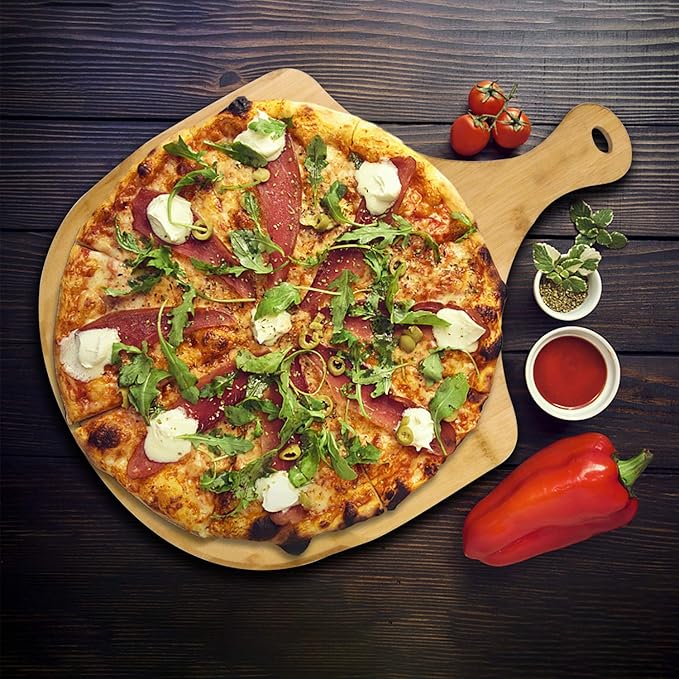 ZOENHOU 2 PCS 17 x 12 Inch Bamboo Pizza Peel, Pizza Board with Handle, Bamboo Cutting Board for Homemade Pizza Cheese Fruits Cake
