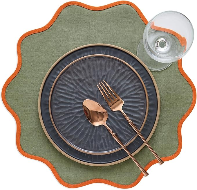 Solino Home Linen Placemats Set of 4-100% Pure Linen Persimmon Orange and Oil Green Round Cloth Placemats 16 Inch for Fall, Thanksgiving - Giselle Scallop Edge, Handcrafted and Machine Washable