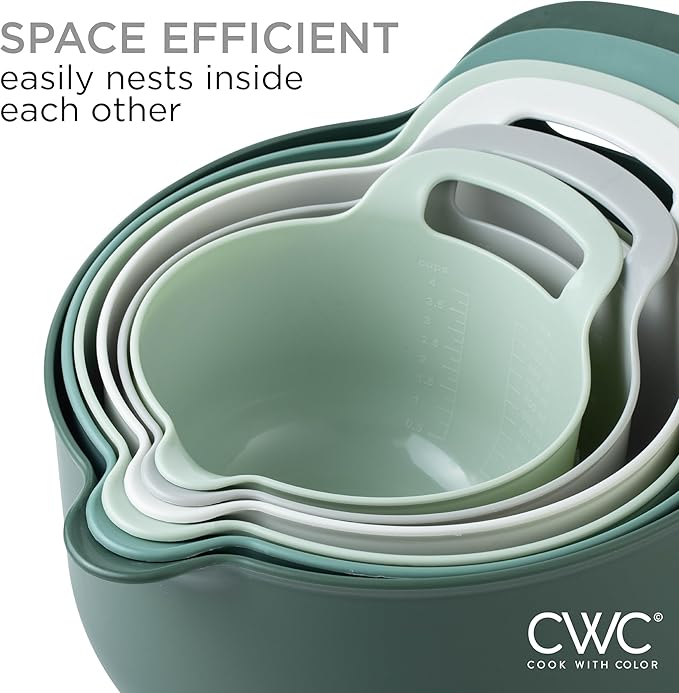 COOK WITH COLOR Nesting Plastic Mixing Bowl Set with Pour Spouts and Handles, Sage, 6 Piece Non-Slip