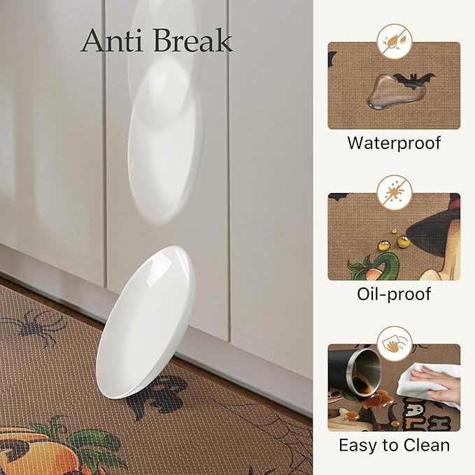 GENIMO Halloween Decorations - Kitchen Mats for Floor, 2PCS Kitchen Rugs, Cushioned Anti Fatigue Mat for Home Decor, Waterproof Non-Slip Comfort Standing Mat for Laundry, 17.3"x47"+17.3"x30", Brown