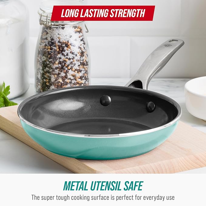 Blue Diamond Frying Pan 8” Skillet, Diamond Infused Healthy Ceramic Nonstick, PFAS and PFOA-Free, Dishwasher and Oven Safe, Even Heating, Metal Utensil Safe, Warp Control Base, Turquoise