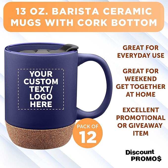 Custom Barista Ceramic Mugs with Cork Bottom 13 oz. Set of 12, Personalized Bulk Pack - Perfect for Coffee, Tea, Espresso, Hot Cocoa, Other Beverages - Blue