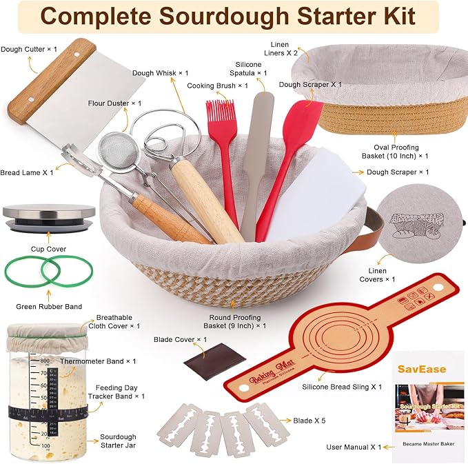 Sourdough Bread Baking Supplies, Complete Sourdough Starter Kit, 9" Round & 10" Oval Bread Proofing Basket with Sour dough Starter Jar, Bread Making Tools Gifts for Bakers Women Wife Mom