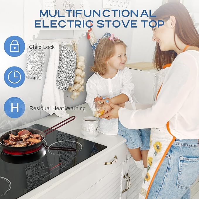Electric Cooktop 30 Inch, 4 Burner Electric Stove with Slide Control, Built-in Radiant Electrical Cooktop 6500W, 9 Power Level & Safety Lock, Timer, Residual Heat Indicator 220V(No Plug) Nefaracy