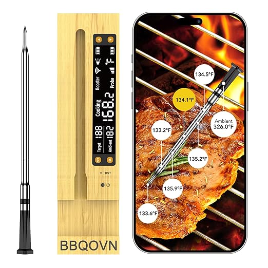 WiFi Sub-1G Wireless Meat Thermometer Unlimited Range with Digital Smart Base 7 NIST Certified Sensors with Ambient Temp Monitor for BBQ, Grill,Oven, Smoker(1, Black, Small)