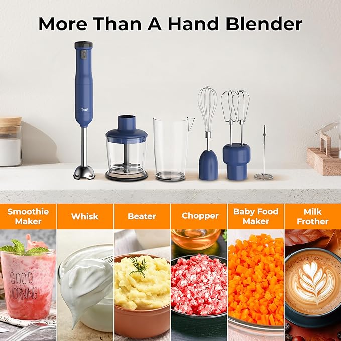 Rosewill 6-in-1 Multi-Speed Cordless Rechargeable Immersion Hand Blender, Heavy Duty Motor - Stick Blender, Beaker, Whisk, Chopper, Dual Beater, Milk Frother - For Smoothies, Baby Food, Soup (Blue)