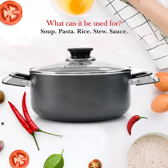 Alpine Cuisine 2.2 Quart Non-stick Stock Pot with Tempered Glass Lid and Carrying Handles, Multi-Purpose Cookware Aluminum Dutch Oven for Braising, Boiling, Stewing