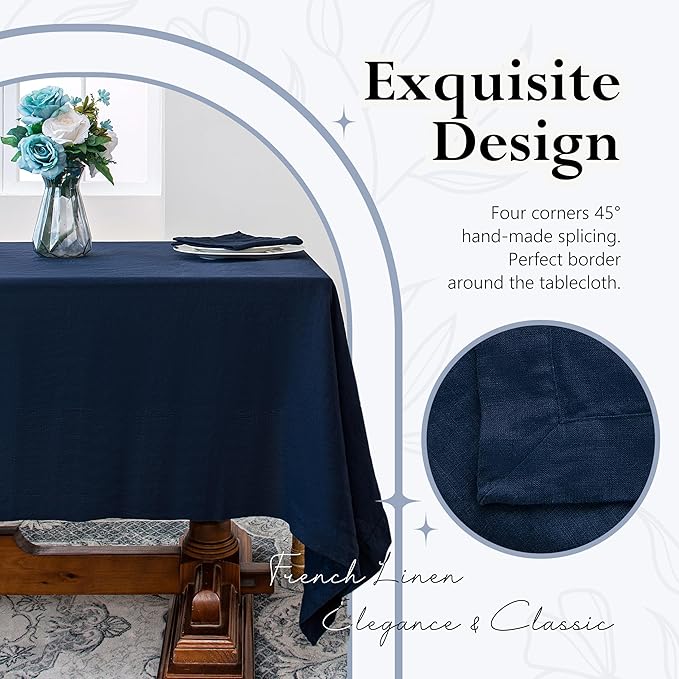 Linen World Linen Tablecloth, 100% French Linen Navy Tablecloth 108" x 60" Inch, Washable Rectangular Tablecloth for Dining, Outdoor, Weddings and Restaurants, Decorative Valentine Easter