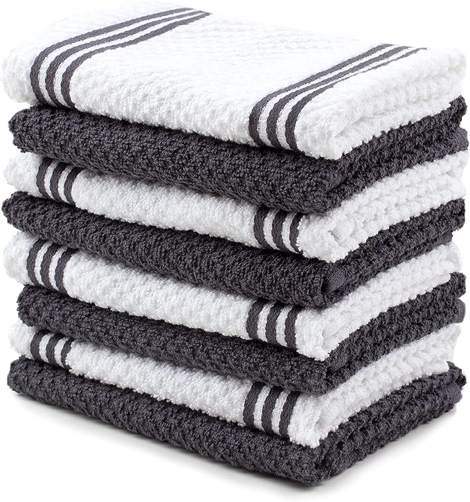 Sticky Toffee Cotton Dishcloths Set of 8 – Gray and White Kitchen Towels 12x12 in, Reusable and Absorbent Tea Towels for Cleaning or Drying, Oeko-Tex Cotton