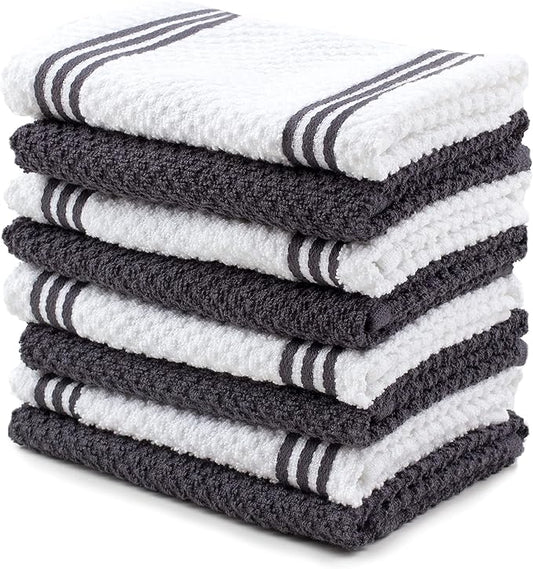 Sticky Toffee Cotton Dishcloths Set of 8 – Gray and White Kitchen Towels 12x12 in, Reusable and Absorbent Tea Towels for Cleaning or Drying, Oeko-Tex Cotton