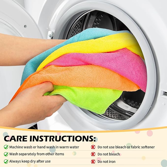 FIXSMITH Microfiber Cleaning Cloth, 50 Pack Cleaning Rags, Cleaning Towels for Housekeeping, Kitchen, Car, Lint-Free, Reusable Shop Towels with 5 Colors (Green/Blue/Yellow/Orange/Pink), 12"X12"