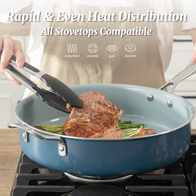 Nonstick Sauté Pan with Lid 5 QT Deep Frying Pan with Stainless Steel Helper Handle 12 inch Large Skillet Ceramic Jumbo Cooker for Healthy Cooking, Induction Compatible Cookware, PFOA Free