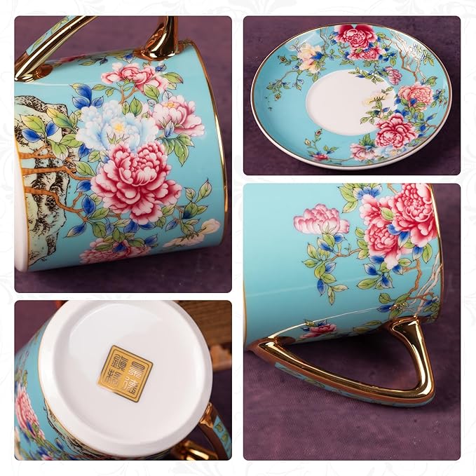 KAMMAK Tea Cups and Saucers Set of 2, Porcelain Coffee Cup with Saucer for Espresso, Cappuccino, 7.5oz Vintage Yellow and Blue Floral Ceramic Demitasse Mug for Home, Tea Party, Office