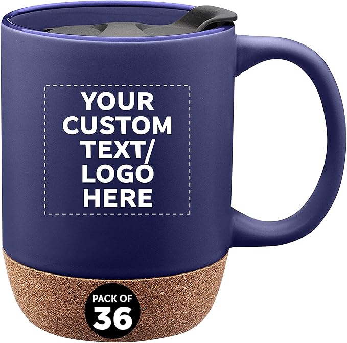 Custom Barista Ceramic Mugs with Cork Bottom 13 oz. Set of 36, Personalized Bulk Pack - Perfect for Coffee, Tea, Espresso, Hot Cocoa, Other Beverages - Blue