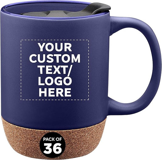 Custom Barista Ceramic Mugs with Cork Bottom 13 oz. Set of 36, Personalized Bulk Pack - Perfect for Coffee, Tea, Espresso, Hot Cocoa, Other Beverages - Blue