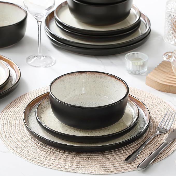 vancasso Plates and Bowls Sets, 18 Pieces Stoneware Dinnerware Sets for 6, Kitchen Dish Set Mircowave and Dishwasher Safe Dinner Set Ceramic Dishware, Light Cream, Series AMBER