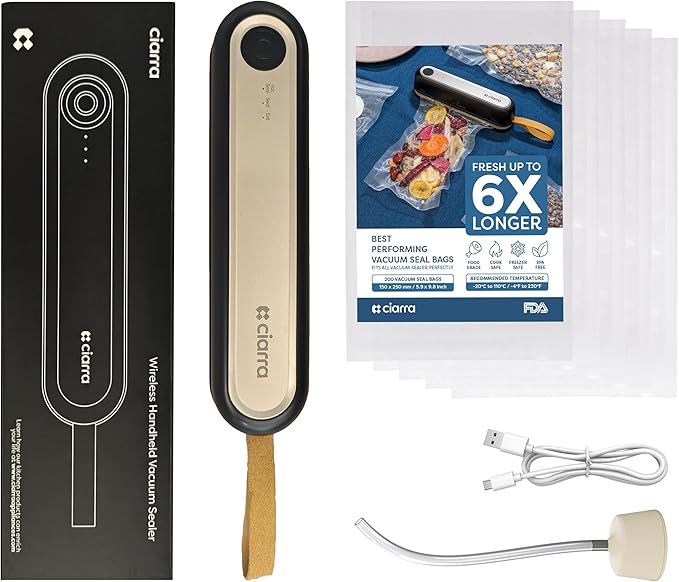 CIARRA Handheld Vacuum Sealer – Portable Food Preservation Machine with 3 Modes, Compact Automatic Sealing System for Dry & Wet Foods (Vacuum Sealer + 5 Pcs Vacuum Seal Bags)