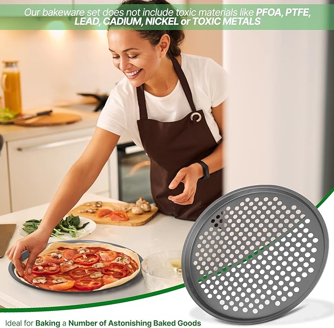 NutriChef 12.8 Inch Nonstick Pizza Pan for Oven - Carbon Steel Pizza Baking Tray with Airflow Holes - Premium Bakeware for Fresh & Frozen Pizza, Dishwasher Safe - Gray