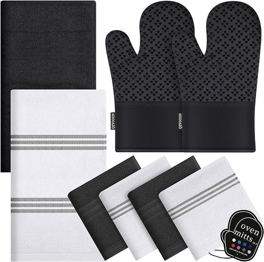 Dish Towels and Dishcloths with Oven Mitts Sets- 100% Cotton Tea Towels for Kitchen- 500 F Heat Resistant Oven Mittens 7.5"x12", Durable Dish Cloths 11.8"x11.8", Absorbent Dish Towels 13.5"x24"