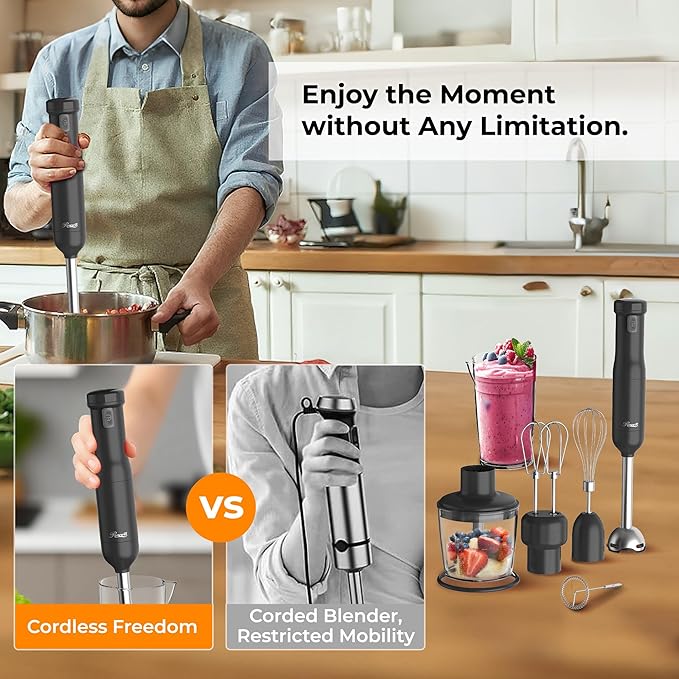 Rosewill 6-in-1 Multi-Speed Cordless Rechargeable Immersion Hand Blender, Heavy Duty Motor - Stick Blender, Beaker, Whisk, Chopper, Dual Beater, Milk Frother - For Smoothies, Baby Food, Soup (Black)