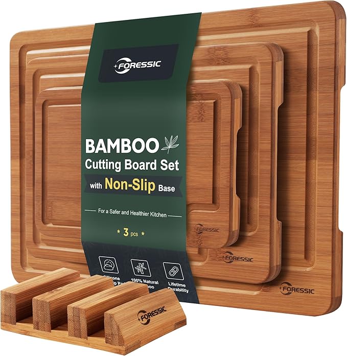 Bamboo Cutting Board, Non Slip Wood Cutting Boards for Kitchen 3 Packs Holder and Over Sink Nice Solid Thick Durable Cutting Boards for Kitchen Large Small Vegetables Fruits Kitchen Gifts (Carbonized)