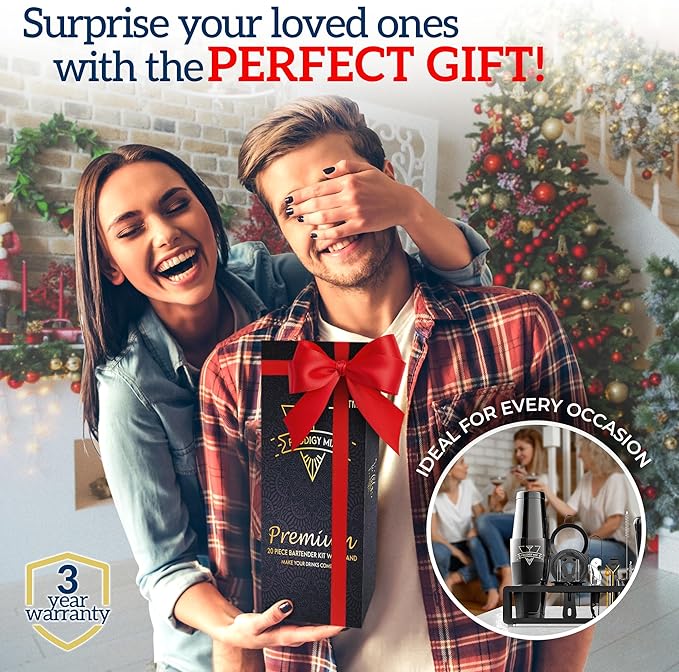 Elite Mixology Bartender Kit 20-Piece Boston Cocktail Shaker Set for Mixing with Stand- Indestructible Bar Accessories Bartending Kit, Cocktail Bar Set, Bartender Set, Bonus Recipe Cards Bar Tools