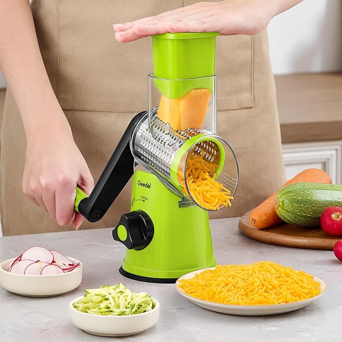 Geedel Rotary Cheese Grater, Kitchen Mandoline Vegetable Slicer with 3 Interchangeable Blades, Easy to Clean Rotary Grater Slicer for Fruit, Vegetables, Nuts