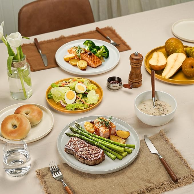 24 Pieces Farmhouse Stoneware Dinnerware Set for 8, Speckled Ceramic Plates and Bowls Set, Matte Terracotta Underside Ceramic Dish Set Scratch Resistant Microwave Dishwasher Safe (Autumn Melody)