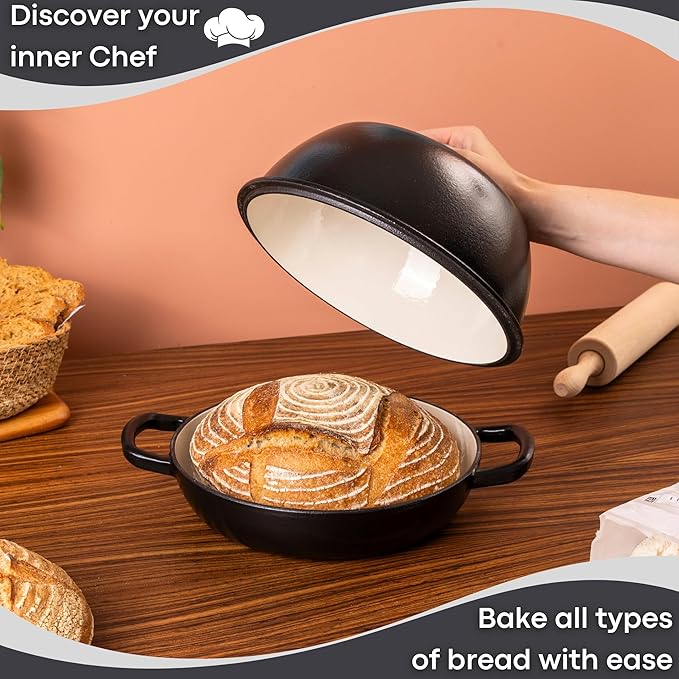 Enamelled Cast Iron Dutch Oven Pot – Dutch Oven For Sourdough Bread Baking – Cast Iron Bread Pot – Black, 6 Quarts, 26cm – by Nuovva