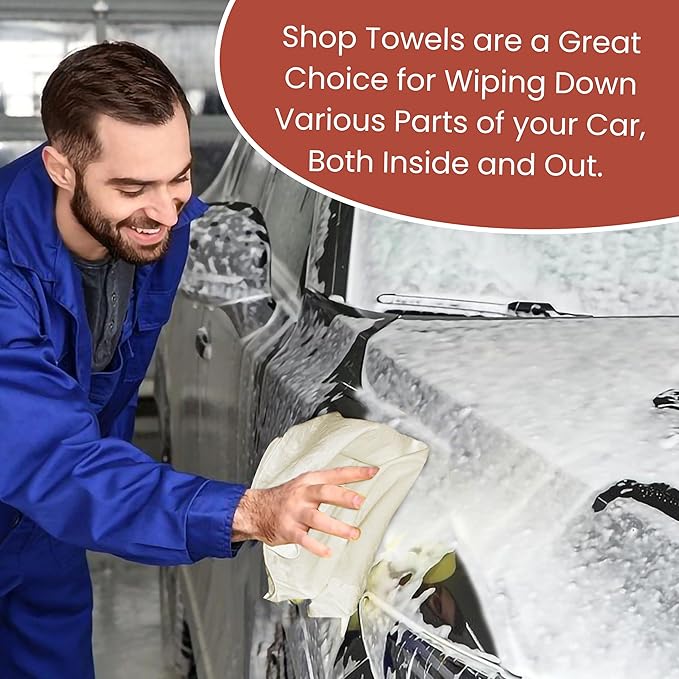 Shop Towels| Multipurpose Commercial and Residential shop cleaning| Car Wash, Polish, Housewares, Microwave, Coffee Machine, Restaurant, Bathrooms, Electronics, Auto Garage | 50 Pack 14"x12" Natural
