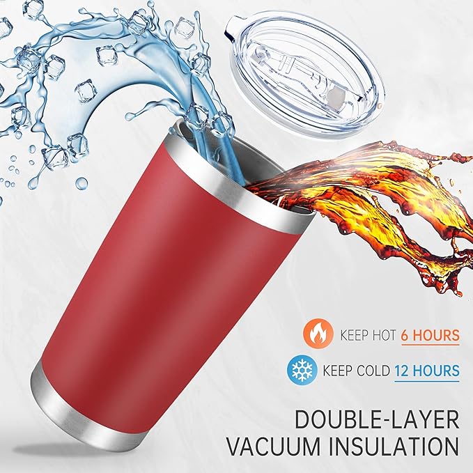 20 oz Tumbler Stainless Steel Tumblers with Lid Double Wall Vacuum Insulated Coffee Mug 20oz Powder Coated Cup for Hot and Cold Drinks, Red, 1 pack