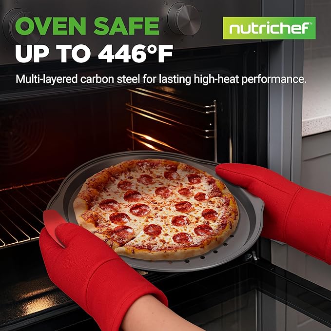 NutriChef 3-Piece Pizza Tray Set with Silicone Handles - Round Nonstick Pizza Pan with Perforated Holes, Durable Carbon Steel, Small, Medium, Large Sizes - Ideal for Crispy, Evenly Baked Pizzas (Gray)