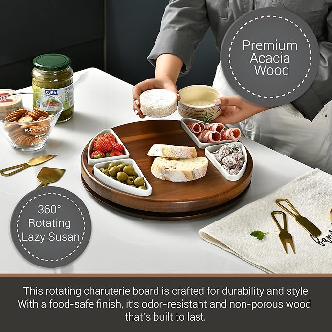 Shanik Upgraded Lazy Susan Cheese Cutting Board Set - Round Acacia Charcuterie Board With 4 Ceramic Bowls - Wedding Gifts - Cheese Serving Platter - Bridal Shower