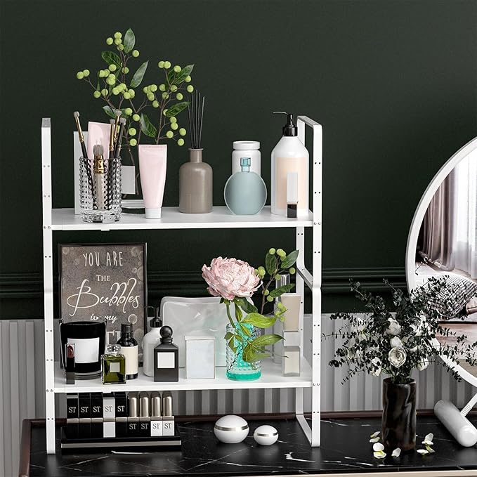 Redrubbit Large Expandable Cabinet Shelf Organizers, Stackable Kitchen Counter Shelves Spice Rack for Kitchen Bathroom Pantry Cupboard Desk Home Office, White-3 Pack