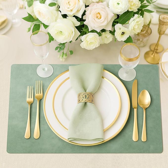 Roxifina Faux Leather Placemats Set of 4 - Vinyl Placemats Wipeable Waterproof Oil-Proof PU Place Mats Heat Resistant Reversible Table Mats for Dining, Kitchen, Outdoor, 12 x 17 Inch (Green)