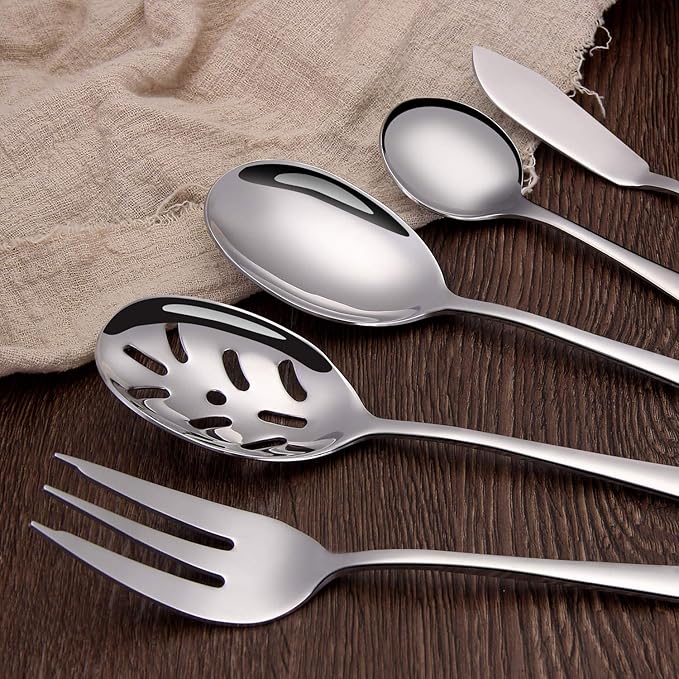 SHARECOOK 5-Piece 18/0 Stainless Steel Serving Set,Large Hostess Set with Round Edge,Mirror Finished,Dishwasher Safe -Spoons, Forks,Butter Knife& Slotted Spoon(Serving set, Silver)