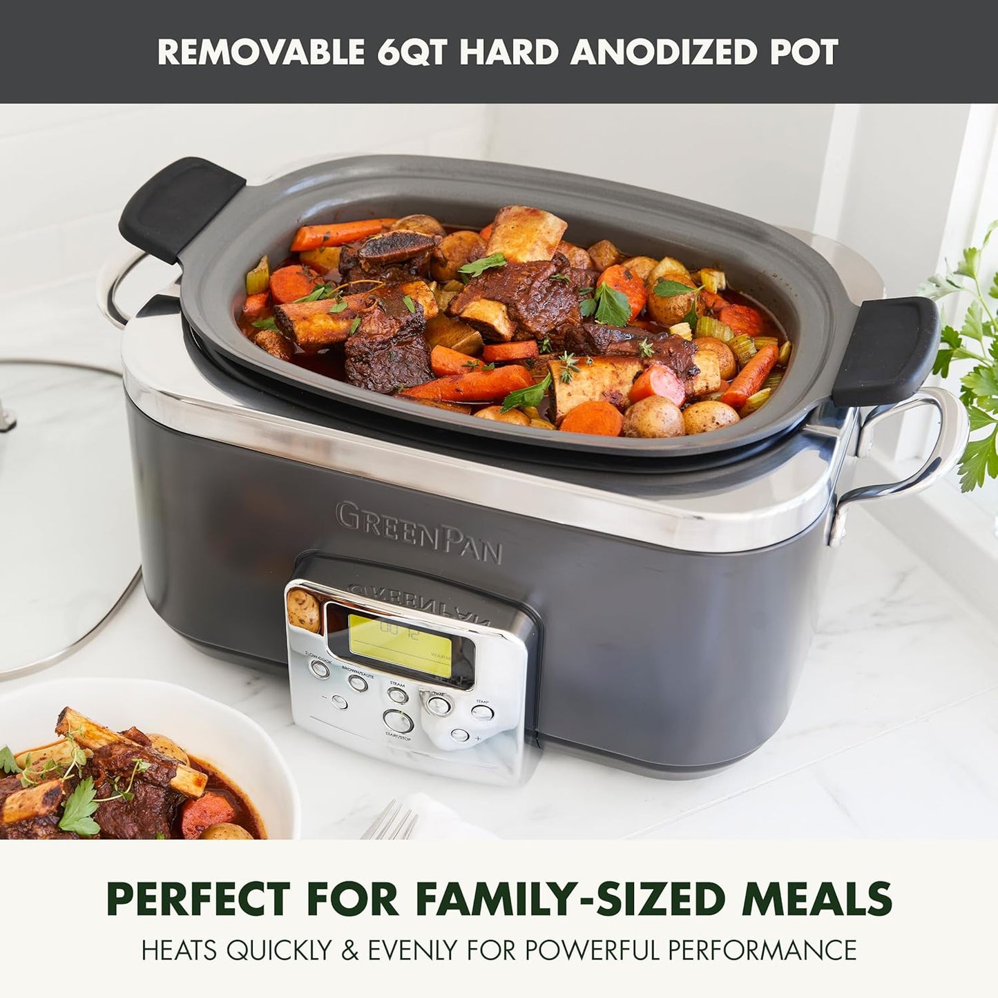 GreenPan Elite 8-in-1 Programmable 6QT Electric Slow Cooker, Dishwasher Safe Lid & Removable Crock, PFAS-Free Healthy Ceramic Nonstick Multi-Cooker, Sear,Sauté/Brown,Steam Basket,Roast, Graphite