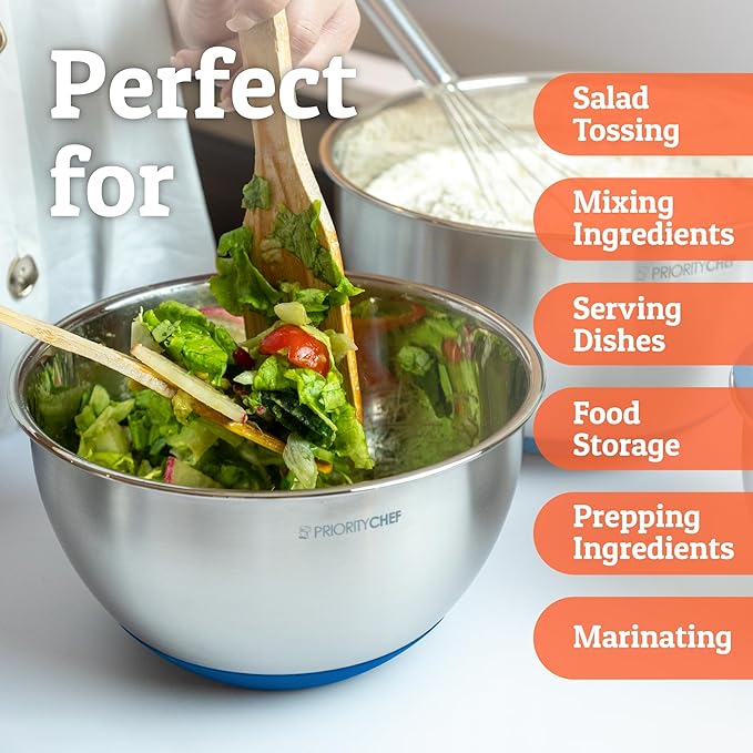 Priority Chef Premium Mixing Bowls With Airtight Lids Set, Thicker Stainless Steel Mixing Bowl Set, Large Prep Metal Bowls with Lids, Nesting Bowls for Kitchen, 1.5/2/3/4/5 Qrt, Blue