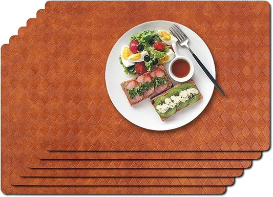 Vinyl Placemats Set of 6-12×17.7 Inch Waterproof & Heattable Placemats, Fall Faux Leather Wipeable Outdoor Table Mat for Dining, Kitchen, Indoor Outdoor Use (Caramel brown, Diamond pattern)