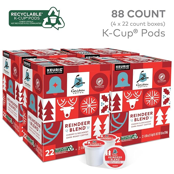 Caribou Coffee Reindeer Blend, Single-Serve Keurig K-Cup Pods, Dark Roast Coffee Pods, 88 Count