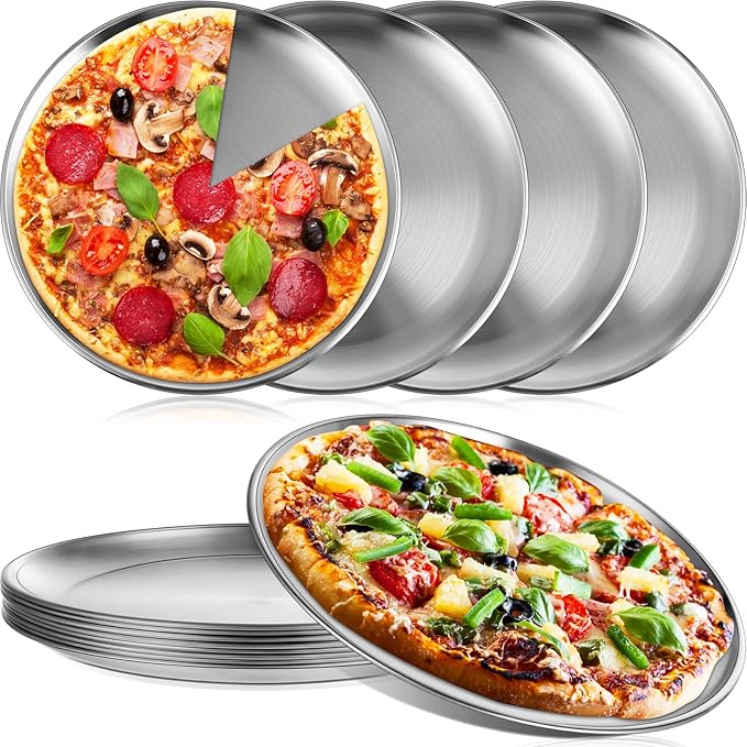 Thenshop 8 Pieces 10 Inch Pizza Pans Bulk Stainless Steel Sets Round Bakeware Pizza Trays for Oven Kitchen Baking Home Restaurant Picnics Holiday Activities Safe Sturdy Reusable Easy Clean(Silver)