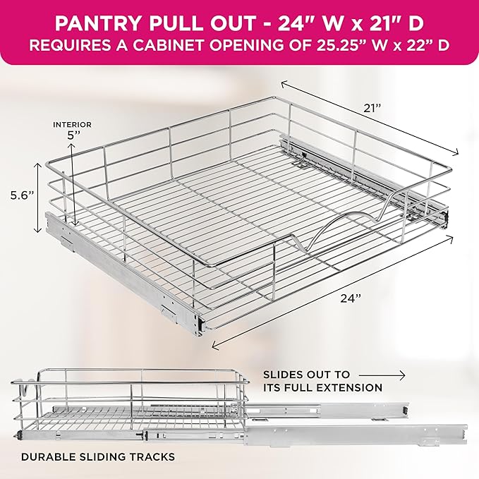 HOLDN’ STORAGE Pull Out Cabinet Organizer, Individual Sliding Drawers - Heavy Duty Metal with Lifetime Limited Warranty - Anti Rust Chrome Finish (Single Tier, 24" W)