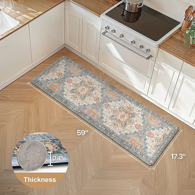 GENIMO Kitchen Mats for Floor, Washable Anti Fatigue Mat for Cushioned, 17.3"x59", Waterproof Kitchen Rugs, Non Slip Foam Comfort Standing Mat Rug for Home, Runner, Sink, Laundry, Blue&Salmon