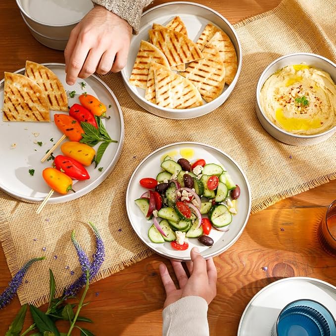 Bloomhouse Santorini Mist Double Bowl Terracotta Reactive Glaze Plates and Bowls Dinnerware Set - Moonstone White, Service for Four (16pcs)