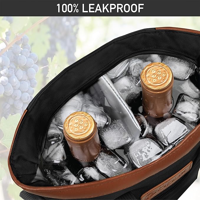 opux Two Bottle Wine Bag Carrier Tote, Insulated Leakproof 2 Bottle Wine Cooler Bag for Travel BYOB Picnic, Portable Wine Case, Gift for Men Women Wine Lover Birthday Party Christmas, Black