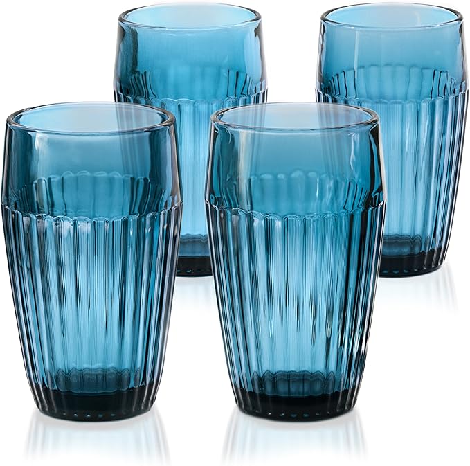 Blue Drinking Glasses Set Of 4-14 oz Vintage Aesthetic Colored Water Tumblers, Thick Glass Heavy Duty Ribbed Glassware, Retro Drinkware Home Bar Cocktail Cups, Kitchen Drink Cup Gift Sets