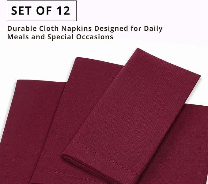 PurpleEssences Set of 12 Hemstitch Cloth Dinner Napkins 100% Cotton - Soft Durable Washable - Ideal for Wedding Christmas Holiday Winter - Perfect Everyday Use Table Linen 18x18 - Burgundy