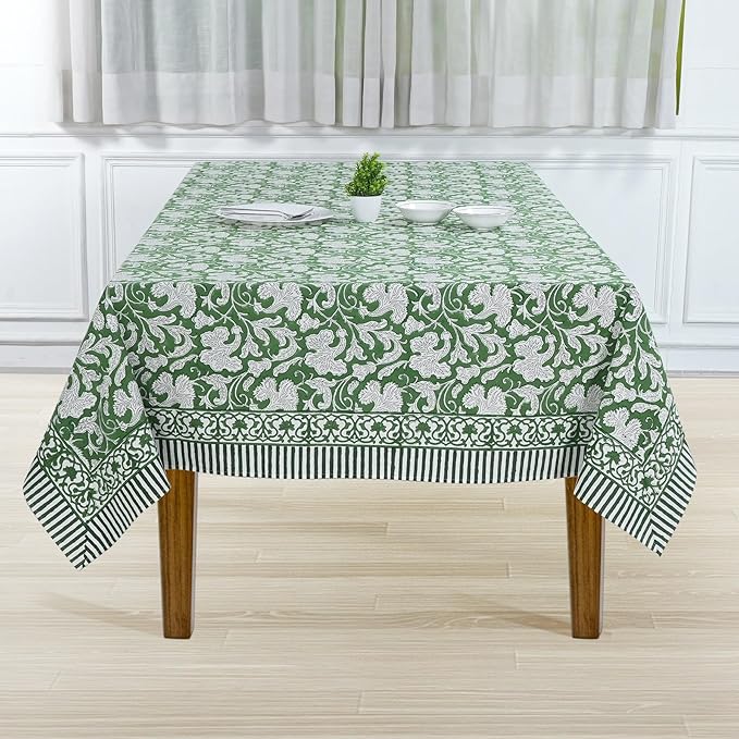 Ridhi Pantone Artichoke Hand Block Print Cotton Rectangle Tablecloth 190 x 72 inch-Reusable Table Cover Decorative Everyday Use for Dining Room, Farmhouse, Thanksgiving, Christmas Wedding, Fall