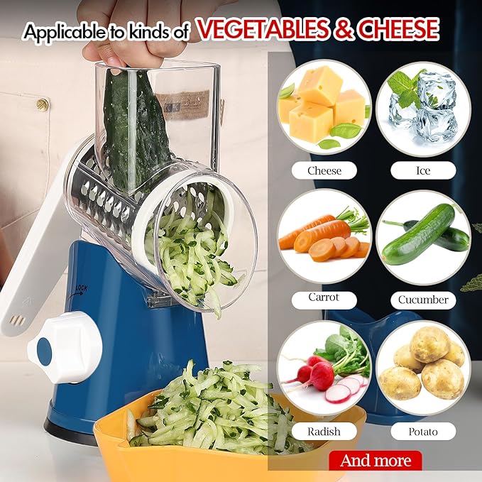 Ourokhome Rotary Cheese Grater Hand Crank, Kitchen Shredder Speed Mandolin Slicer Ice Shaver with Handle and Drum Blades for Cheese, Vegetable, Nuts, Chocolate, Potato, Carrot, 5 Blades, Dark Blue