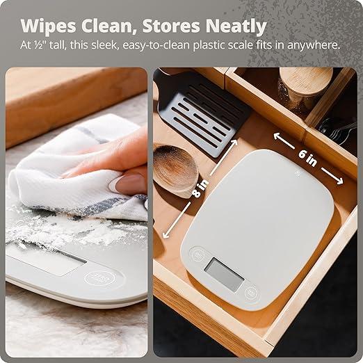 Greater Goods Slim Digital Kitchen Scale – Accurate BPA-Free Food Scale for Cooking, Baking, and Meal Prep, 11lb/5kg with 1 CR2032 Battery Included